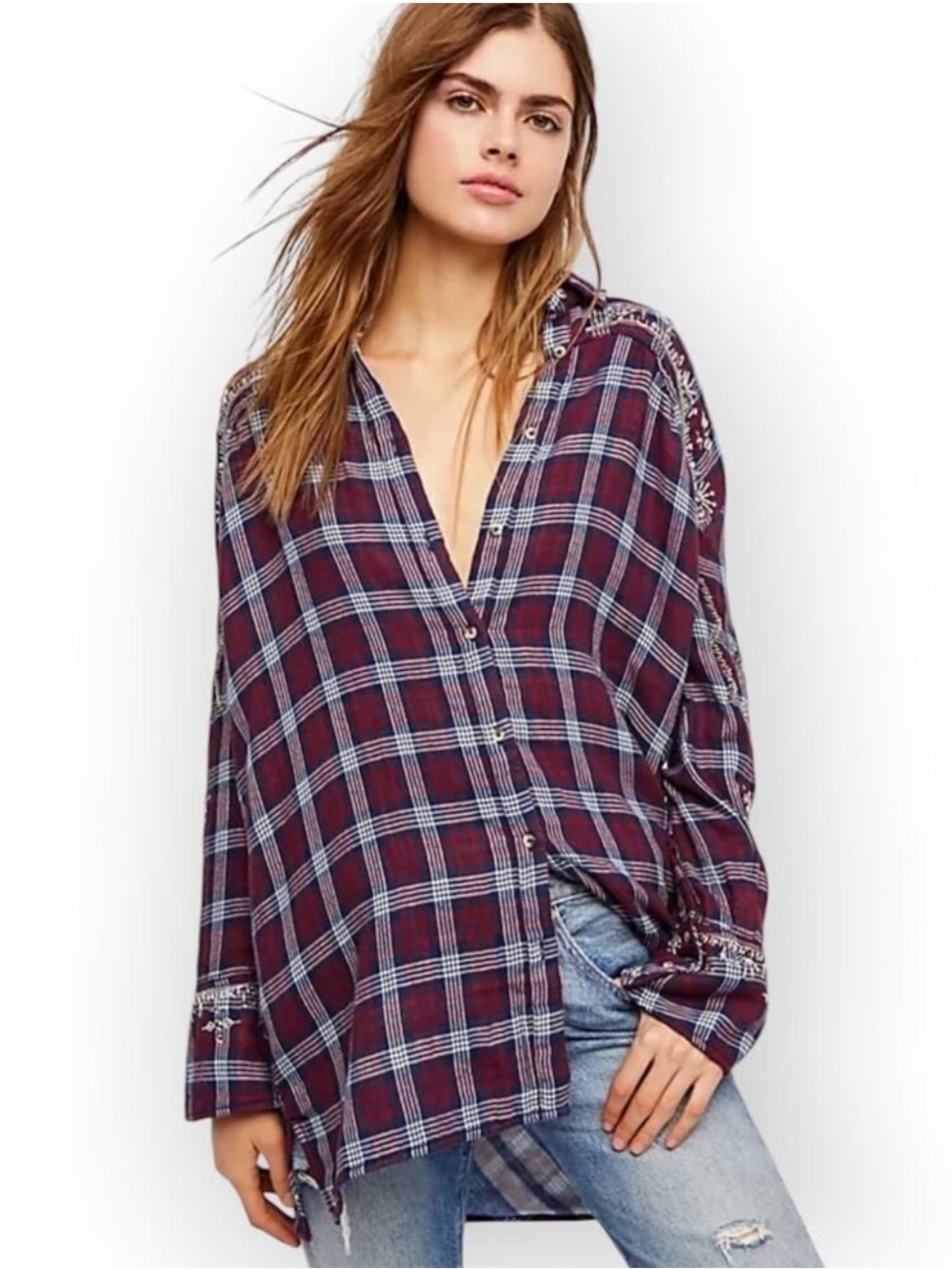 Free People Downtown Romance Embellished Plaid Flannel Top Size Small NWT